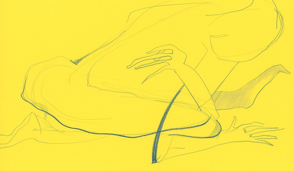 Uli Ap_Yellow Alien Animal Artificial Intelligence in Blue_Horizontal Embrace. Reclining_photo artist_&copy;artist_front300dpi_
