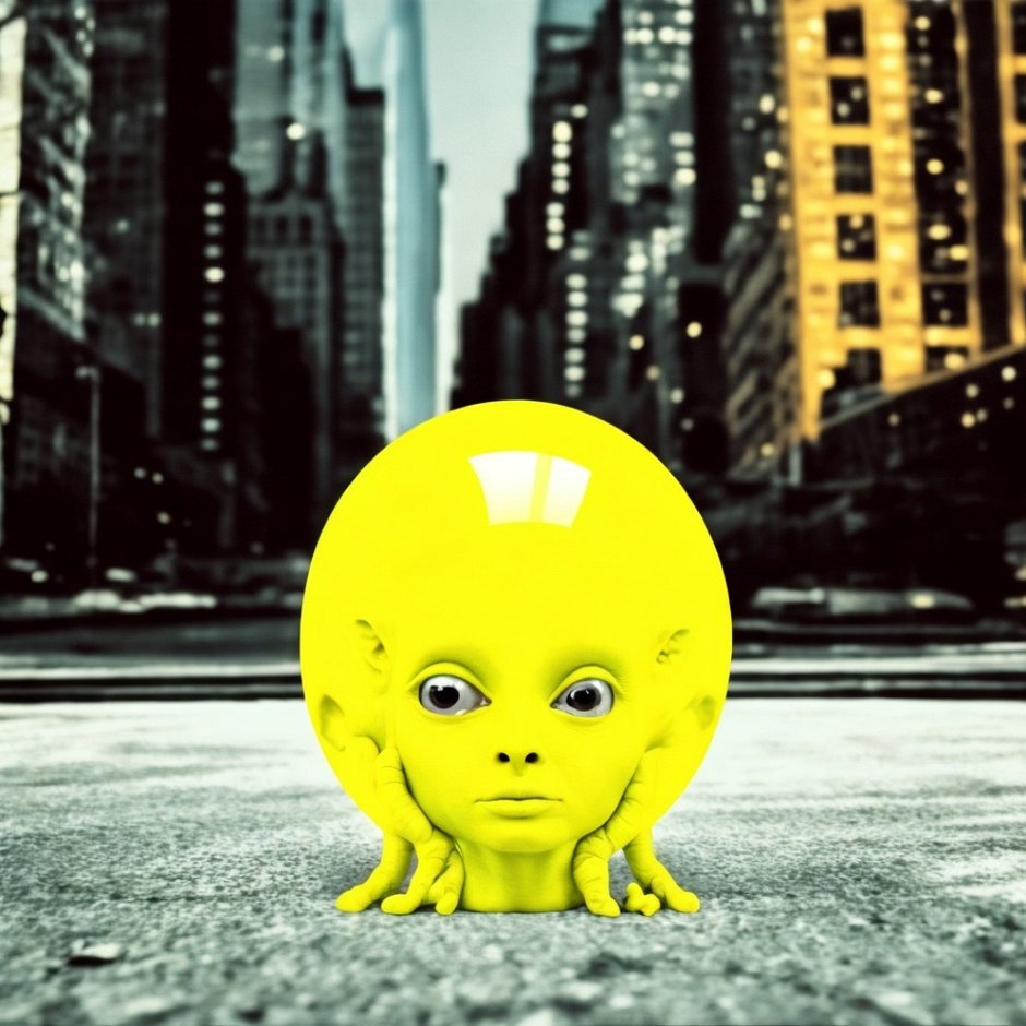 Uli Ap yellow alien animal artificial intelligence is sleeping as embryo inside a glass capsule in a middle of Manhattan New York City as gas alienation land1_1